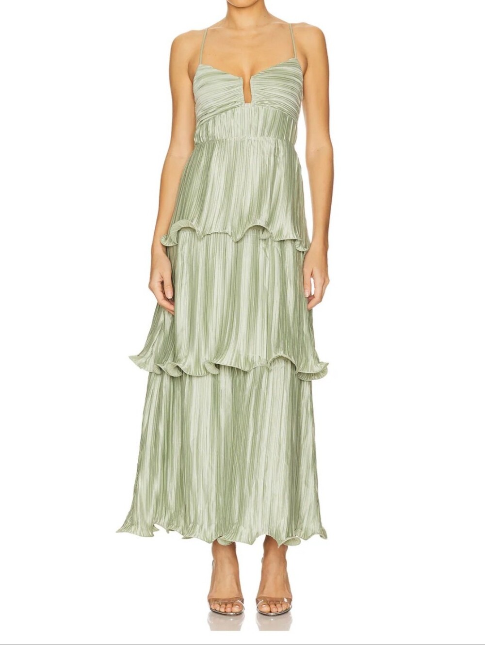 Astr Pleated Tiered Maxi Skirt in Sage Green